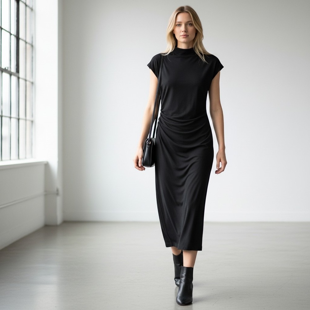 Zara dress knit black Medium sleeveless mock neck ruched waist stretch